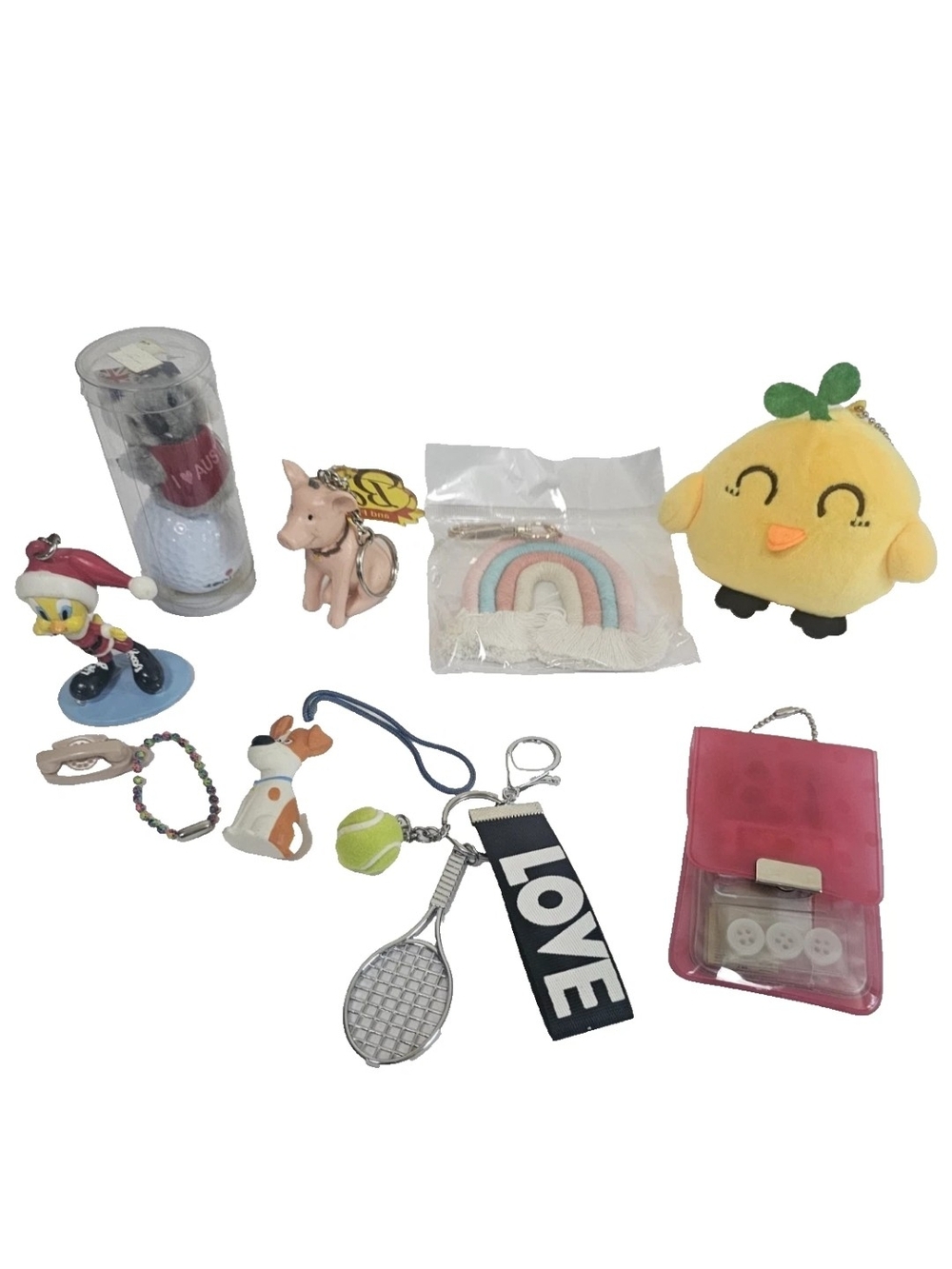 Keychain Lot of 9 Tweety Babe Tennis Rainbow Mystery Junk Drawer Vintage & New